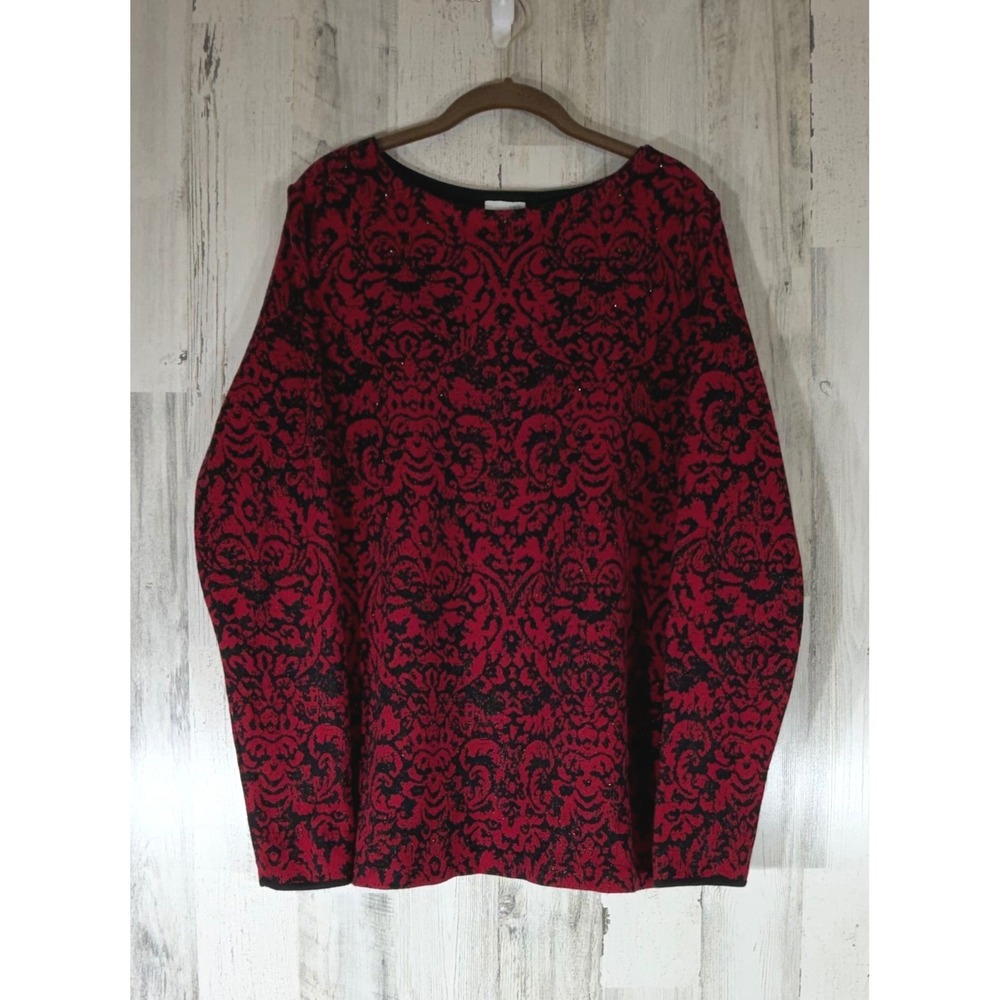 J Jill Damask Knit Sweater Large Red Black Rhinestone Boat Neck Office Career